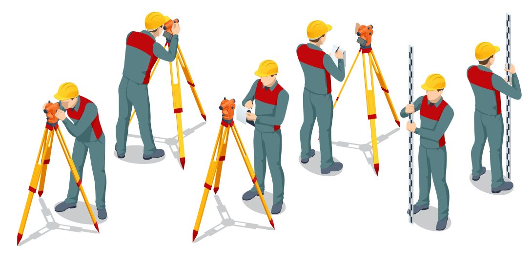 Surveyors standing back-to-back