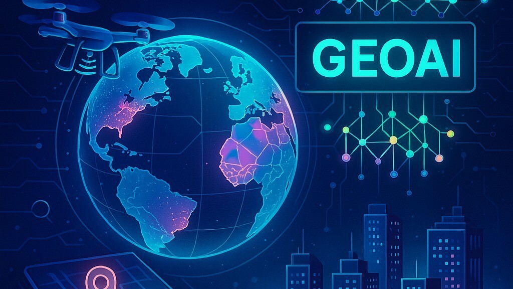 Illustration of GeoAI showing a glowing digital globe connected to a neural network diagram, a drone, and a city skyline, representing the fusion of geographic data and artificial intelligence.