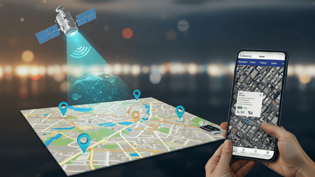 Satellite beaming GPS signals to a city map with location pins, alongside a hand holding a phone showing a real-time GPS tracking app.