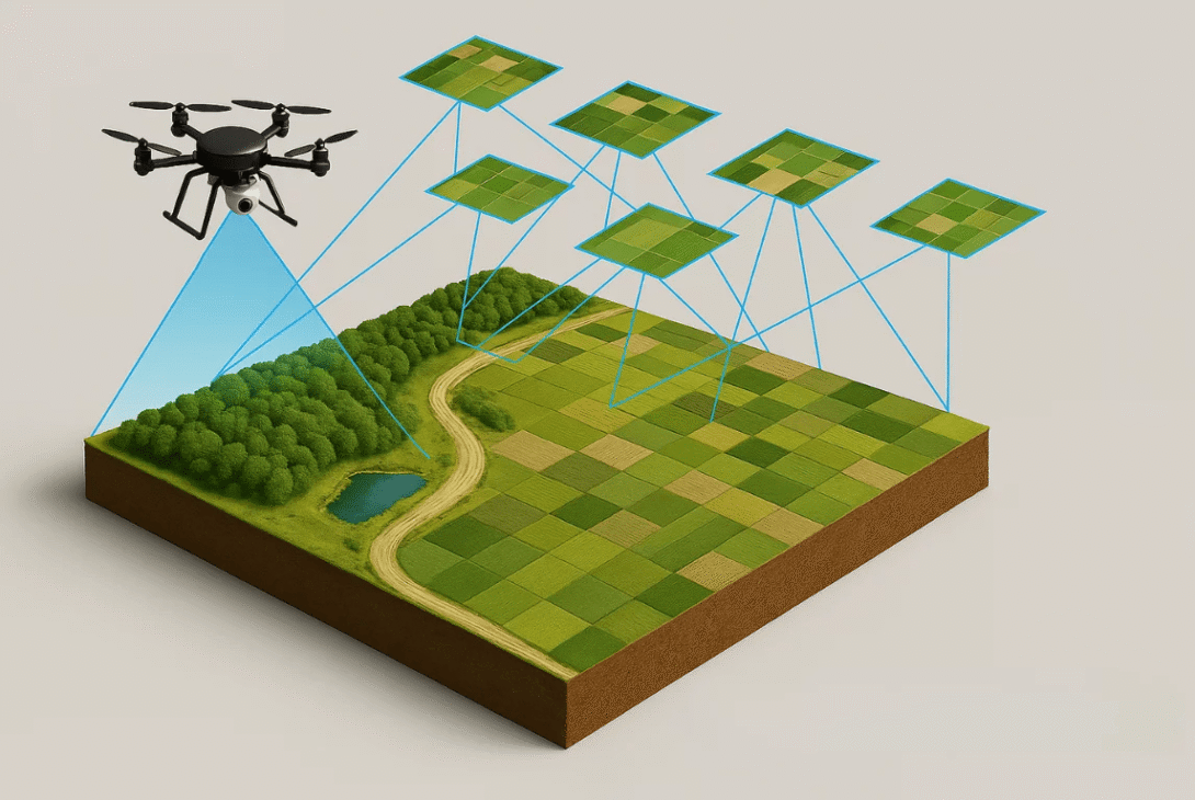 Drone flying over farmland and forest, capturing aerial images of individual crop plots for agricultural analysis.